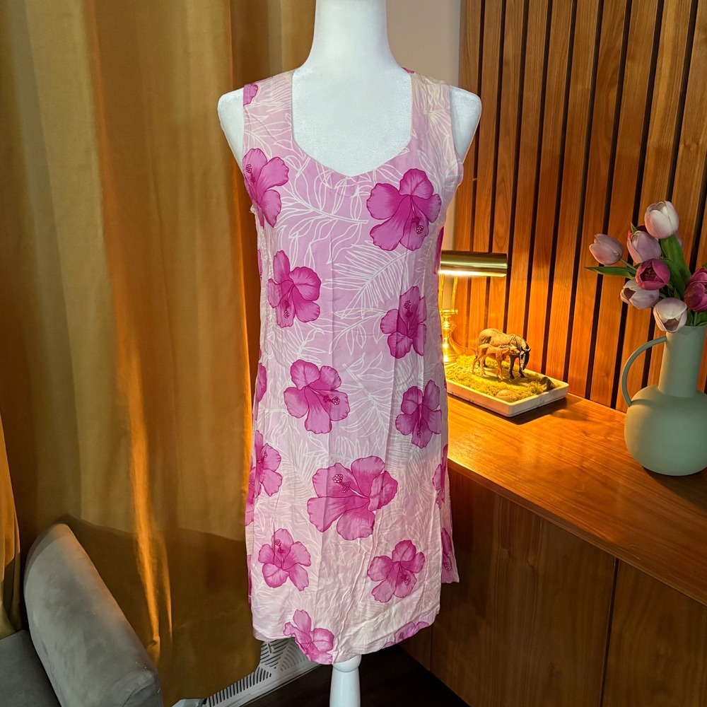 Peppermint Bay Pink Hibiscus Floral Rayon Sleeveless Shift Dress Womens Medium